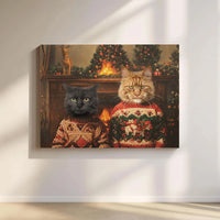 Humorous Pet Portrait Canvas Print, Two Cats Ugly Christmas Sweater Canvas, Adorable Christmas Cats Wall Art, Holiday Cat Lover Canvas Art Present