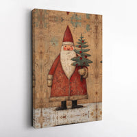 Vintage Christmas Tree Painting, Folk Art Santa Claus Canvas, Rustic Holiday Canvas Wall Art, Winter Farmhouse Wall Decor, Xmas Canvas Art