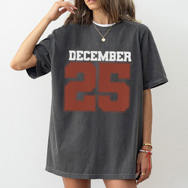 Retro Varsity Number Graphic Tee, December 25 T-Shirt, Vintage Christmas 25 Shirt, Comfy Holiday Morning Tee, Adorable Xmas S