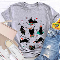 Holiday Cat Snowflakes T-Shirt, Black Cats Christmas Shirt, Adorable Xmas Lights Graphic Tee, Festive Kitty Lover Shirt, Winter Holiday Present