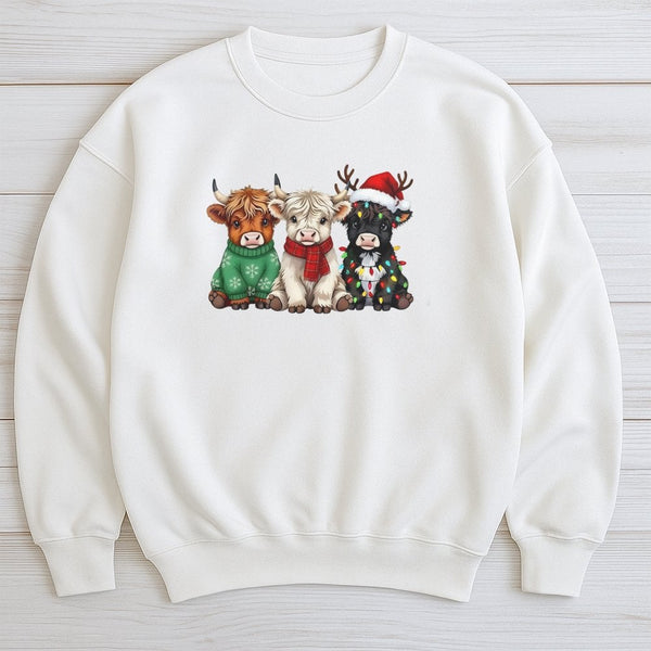 Festive Farm Animal Sweatshirt, Highland Cow Christmas Sweatshirt, Adorable Holiday Cow Crewneck, Winter Farmhouse Graphic Sw