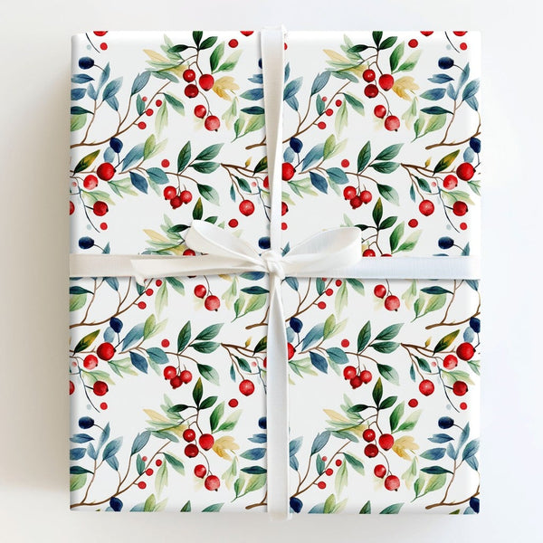 Botanical Holiday Gift Wrap, Watercolor Winter Berries Wrapping Paper, Christmas Wrapping Paper Roll, Festive Nature Present 