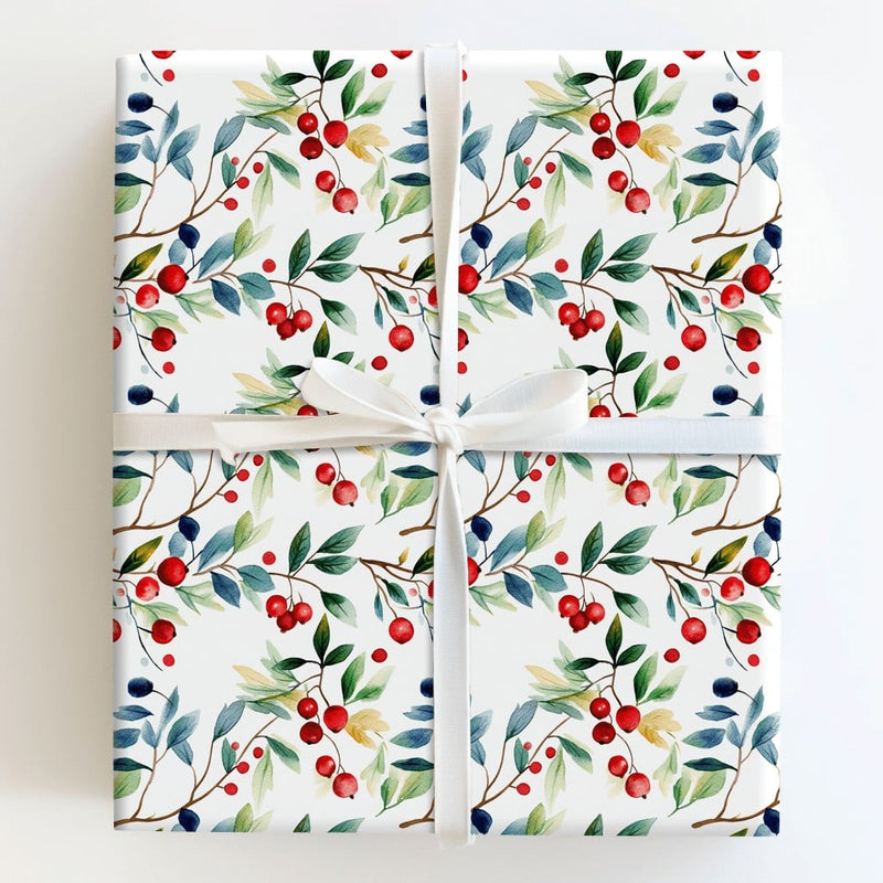 Botanical Holiday Gift Wrap, Watercolor Winter Berries Wrapping Paper, Christmas Wrapping Paper Roll, Festive Nature Present Wrap Paper