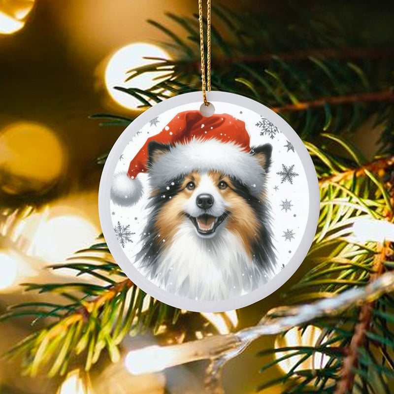 Adorable Sheltie Dog Ceramic Ornament, Shetland Sheepdog Christmas Ornament, Santa Hat Pet Tree Ornament, Holiday Keepsake, Present for Dog Lovers