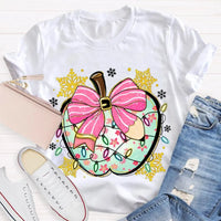 Festive Teacher Holiday Shirt, Christmas Lights Snowflakes Bow Apple T-Shirt, Adorable Coquette Winter Graphic Tee, Xmas Present for Her