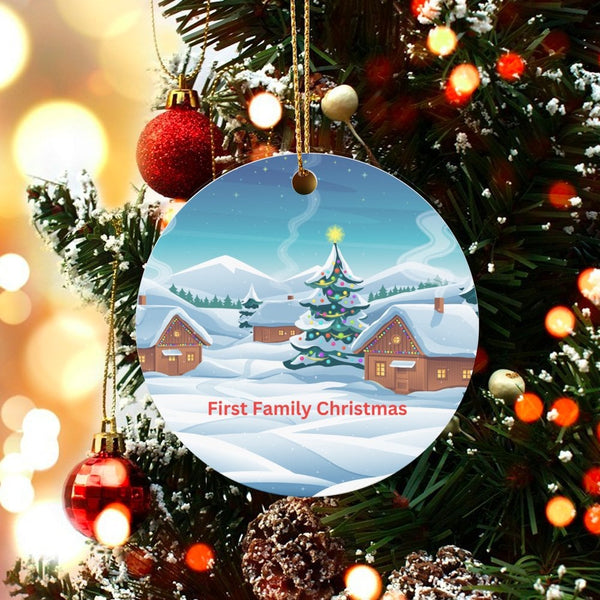 Snowy Winter Village Scene Ornament, First Family Christmas Ornament, Ceramic Holiday Tree Ornament, New Family Keepsake Pres