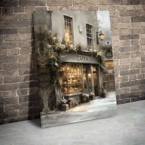 Snowy Christmas Village Scene Wall Art, Vintage Toy Shop Canvas Print, Nostalgic Holiday Poster Digital Download, Winter Wall