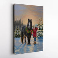 Girl and Black Horse Winter Scene, Christmas Horse Canvas Wall Art, Holiday Equestrian Canvas Print, Horse Lover Decor, Digital Download Art