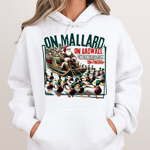 Santa Sleigh Mallard Duck Sweatshirt, Duck Hunting Christmas Hoodie, Humorous Waterfowl Hunter Pullover, Winter Hunting Graph