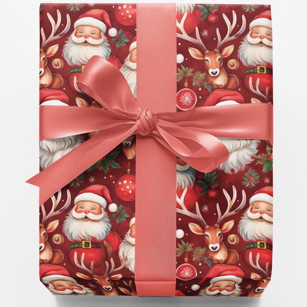 Holiday Hoopla Gift Wrap, Santa and Reindeer Wrapping Paper, Adorable Christmas Wrapping Paper, Santa Gift Wrap Roll, Festive