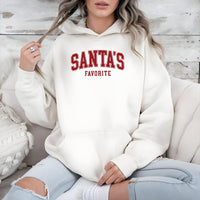 Retro Varsity Christmas Sweatshirt, Santa's Favorite Hoodie, Humorous Xmas Quote Pullover, Festive Holiday Season Party Hooded Sweater