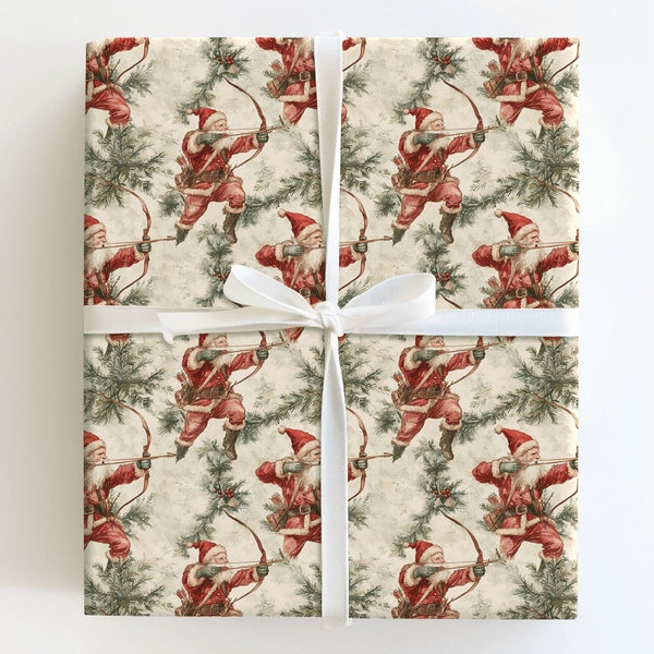 Bow and Arrow Holiday Gift Wrap, Vintage Santa Archer Wrapping Paper, Pine Holly Christmas Wrapping Paper, Antique Archer Gif