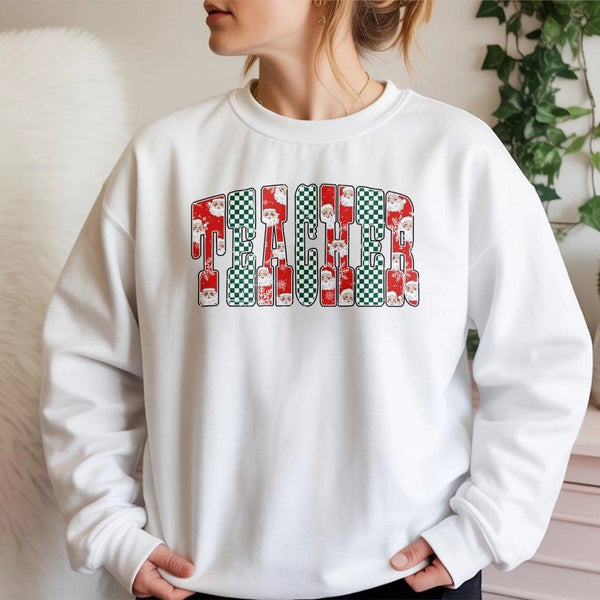 Checkered Santa Christmas Crewneck, Teacher Christmas Sweatshirt, Teacher Xmas Sweater, Educator Holiday Pullover, School Tea
