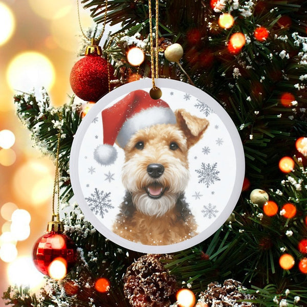 Santa Hat Dog Ornament, Airedale Terrier Christmas Ornament, Festive Airedale Terrier Ornament, Ceramic Holiday Tree Decor, D