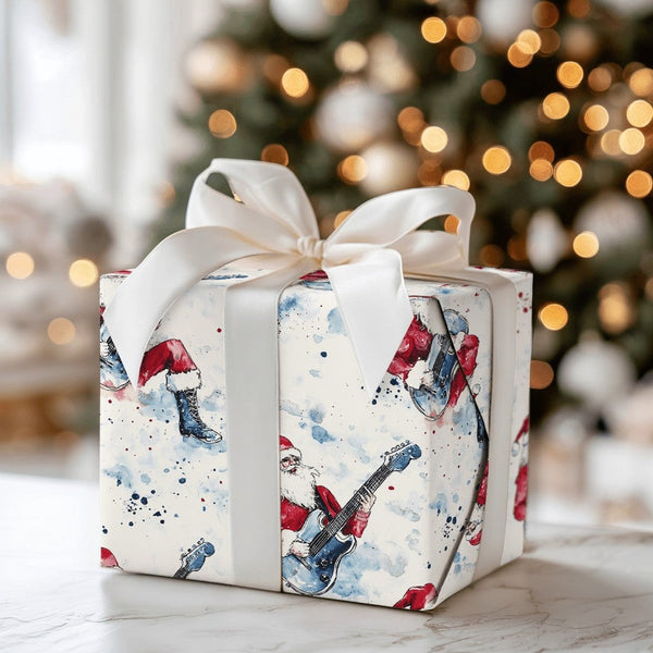 Watercolor Guitar Christmas Gift Wrap, Rock Star Santa Wrapping Paper, Cool Santa Holiday Wrapping Paper, Rocker Santa Christ