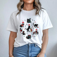Festive Santa Hat Cat T-Shirt, Christmas Black Cat Shirt, Adorable Holiday Kitten Graphic Tee, Retro Xmas Cat Lover Shirt, Winter Holiday Present