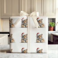 Watercolor Tiger Gift Wrap, Tiger Cub Christmas Wrapping Paper, Santa Hat Animal Wrapping Paper, Adorable Holiday Gift Wrap Roll