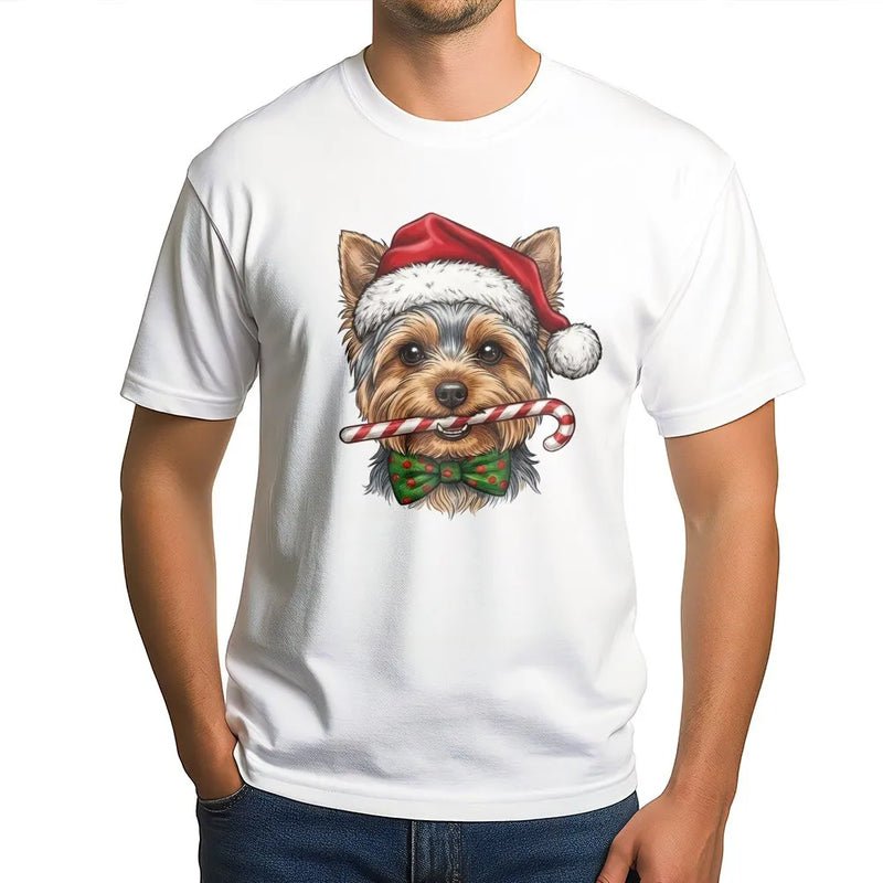 Santa Hat Yorkie Dog T-Shirt, Christmas Yorkie Shirt, Candy Cane Yorkie Tee, Adorable Holiday Dog Graphic Tee, Xmas Dog Lover Present