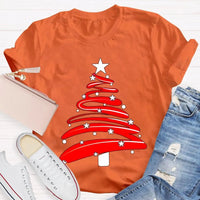 Festive Holiday Season Graphic Tee, Red Christmas Tree Stars Graphic Shirt, Merry Christmas Tree T-Shirt, Winter Holiday Party Apparel
