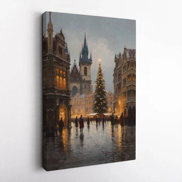 Snowy Old Town Square Canvas Print, Prague Christmas Market Canvas Wall Art, Vintage European City Canvas, Festive Holiday Ho