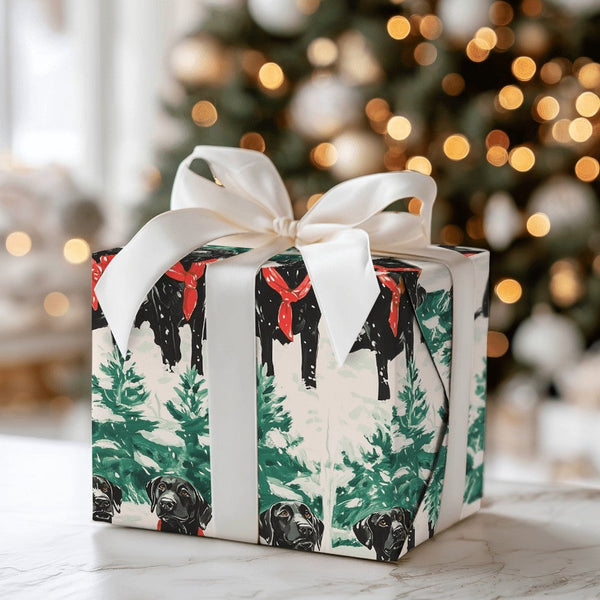 Red Scarf Dog Holiday Gift Wrap, Black Labrador Wrapping Paper, Snowy Winter Christmas Wrapping Paper, Dog Lover Wrapping Pap
