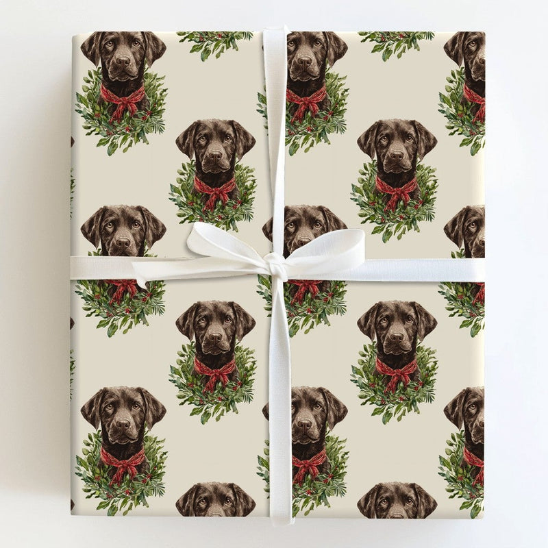 Dog Wreath Holiday Gift Wrap, Chocolate Lab Christmas Wrapping Paper, Labrador Retriever Christmas Wrapping Paper, Pet Lover Gift Wrap