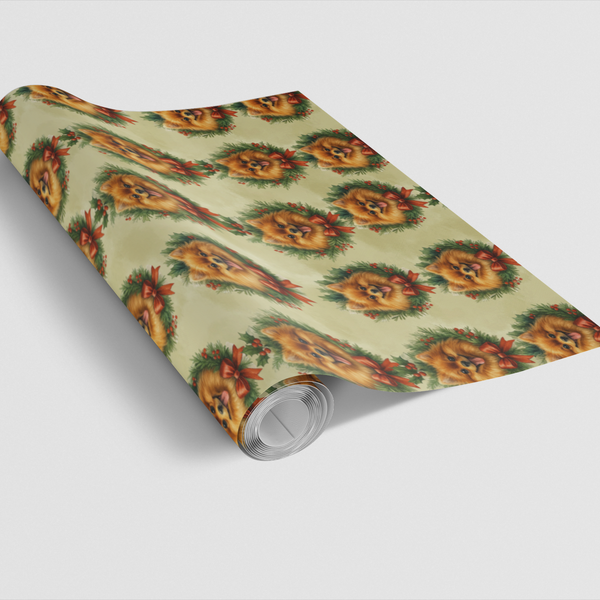 Festive Dog Gift Wrap Paper, Pomeranian Christmas Wrapping Paper, Holiday Pet Wreath Wrapping Paper, Adorable Puppy Gift Wrap