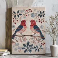 Red Berry Snowflake Canvas Print, Winter Birds Canvas Wall Art, Folk Art Christmas Wall Canvas, Holiday Farmhouse Seasonal Home Decor Present