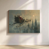 Vintage Winter Cityscape Wall Art, Santa Claus Sleigh Canvas Print, Christmas Sky Canvas Art, Holiday Wall Decor, Festive Santa Canvas