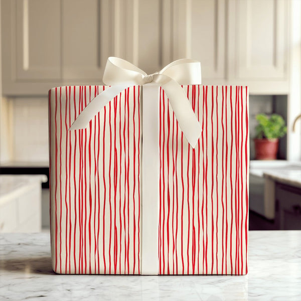 Hand-Drawn Vertical Stripe Gift Wrap, Red and Cream Striped Wrapping Paper, Minimalist Holiday Wrapping Paper, Christmas Gift