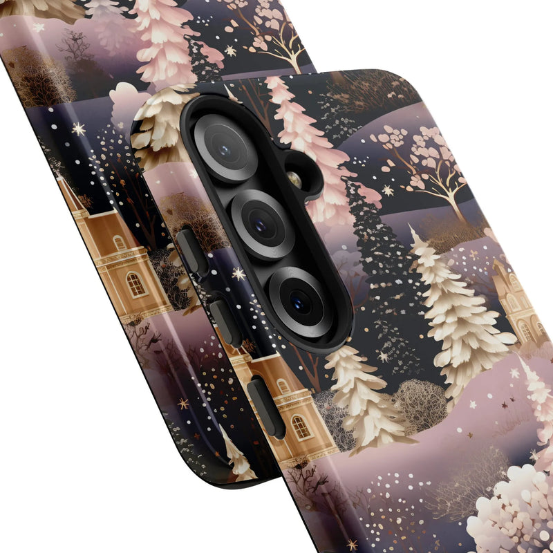 Pink Snowy Forest Castle Cover, Winter Village Phone Case Samsung Galaxy, Holiday Aesthetic Tough Samsung Case, Comfy Christmas Present