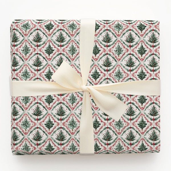 Watercolor Holly Tile Gift Wrap, Vintage Christmas Tree Wrapping Paper, Elegant Botanical Holiday Wrapping Paper, Classic Win