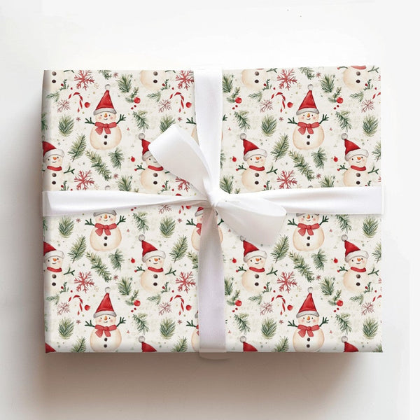 Adorable Holiday Snowmen Gift Wrap, Watercolor Snowman Wrapping Paper, Candy Cane Winter Wrapping Paper, Festive Christmas Pr