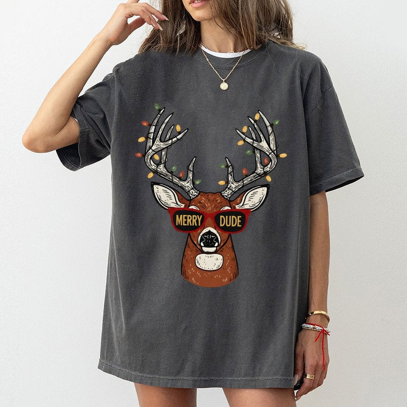 Humorous Reindeer Christmas Graphic Tee, Merry Dude Deer T-Shirt, Holiday Buck Hunter Shirt, Retro Vintage Xmas Hunting Tee