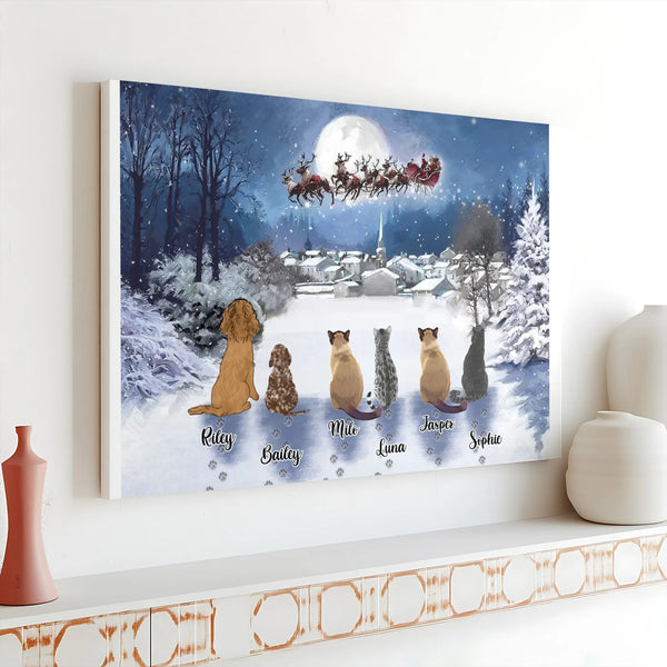 Custom Dog and Cat Portrait Canvas Print, Personalized Pet Christmas Canvas Art, Holiday Pet Wall Art, Winter Decor, Pet Love