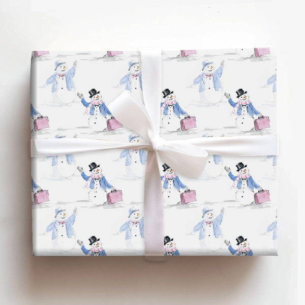 Watercolor Snowman Wrapping Paper, Traveling Snowman Wrapping Paper, Whimsical Winter Holiday Gift Wrap, Christmas Present Wr