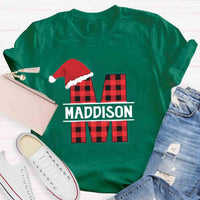 Custom Name Buffalo Plaid Holiday Graphic Tee, Personalized Plaid Christmas T-Shirt, Matching Family Xmas Shirt, Christmas Eve Present