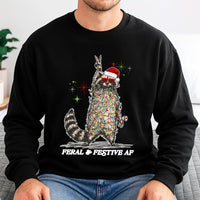 Tangled Lights Holiday Crewneck, Feral and Festive Raccoon Christmas Sweatshirt, Humorous Animal Xmas Pullover, Ugly Christmas Party Sweater