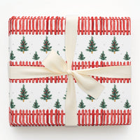 Red Picket Fence Holiday Gift Wrap, Tree Farm Christmas Wrapping Paper, Rustic Farmhouse Wrapping Paper, Winter Forest Present Paper Roll