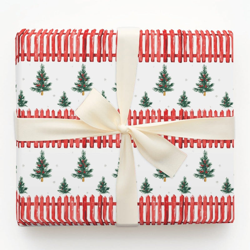 Red Picket Fence Holiday Gift Wrap, Tree Farm Christmas Wrapping Paper, Rustic Farmhouse Wrapping Paper, Winter Forest Present Paper Roll