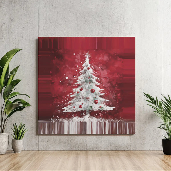 Snowy White Pine Wall Poster, Christmas Tree Canvas Art, Red Ornaments Holiday Print, Christmas Tree Art Digital Download Pri