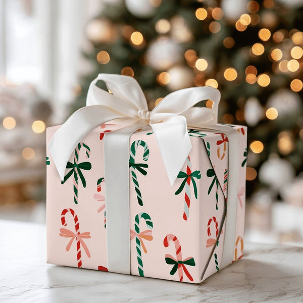 Pastel Holiday Bow Gift Wrap, Pink Candy Cane Christmas Wrapping Paper, Whimsical Peppermint Wrapping Paper, Festive Adorable