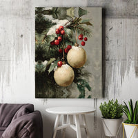 Festive Holly Berry Oil Painting Wall Art, Vintage Christmas Ornament Canvas Print, Holiday Canvas Poster, Winter Home Decor Present