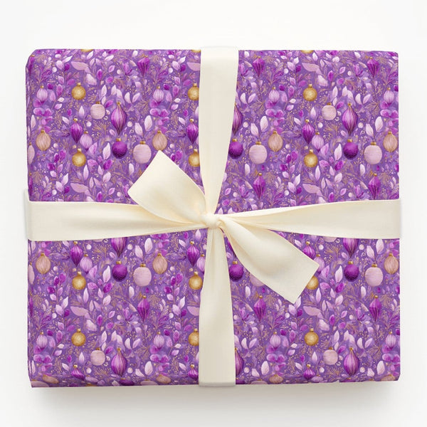 Luxury Ornament Holiday Wrapping Paper, Purple and Gold Christmas Wrapping Paper, Elegant Bauble Wrapping Paper, Festive Wint