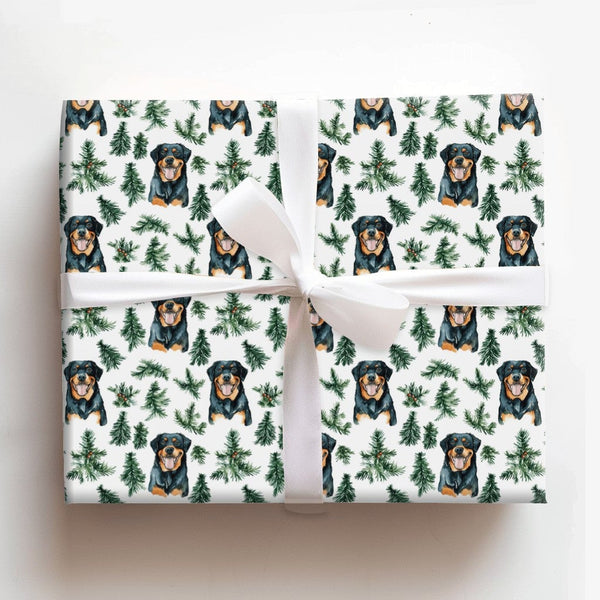 Watercolor Dog Holiday Gift Wrap, Rottweiler Christmas Wrapping Paper, Festive Puppy Tree Wrapping Paper, Dog Lover Gift Wrap