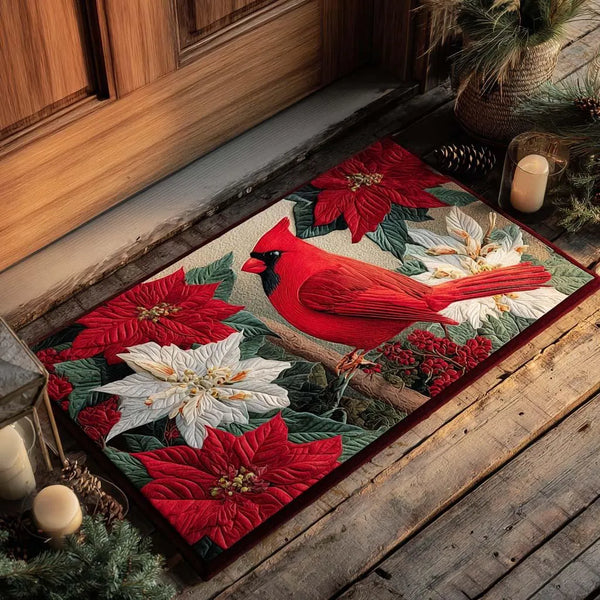 Red Poinsettia Floral Welcome Mat, Winter Cardinal Bird Doormat, Frost Bloom Door Mat, Christmas Floor Mat, Winter Porch Entr