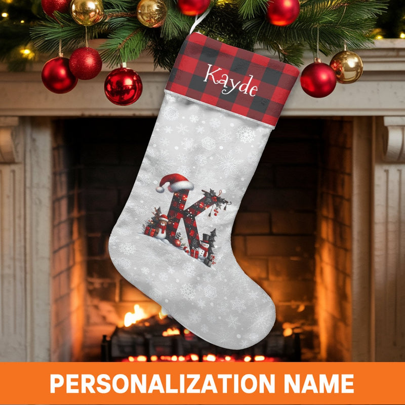 Buffalo Plaid Letter Stocking, Personalized Monogram Christmas Stocking, Custom Initial Holiday Stocking, Rustic Family Xmas Stocking