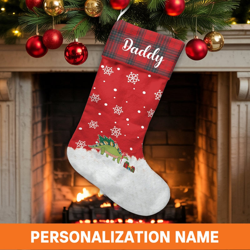 Personalized Red Plaid Stocking, Dinosaur Christmas Stocking, Adorable Dino Holiday Stocking, Custom Kids Christmas Stocking, Family Xmas Present