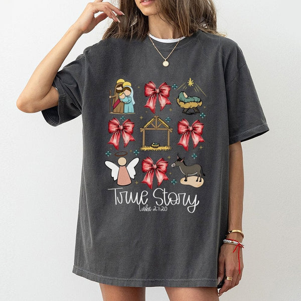 True Story Luke 2 1-20 Nativity Shirt, Nativity Scene Christmas T-Shirt, Christian Holiday Coquette Bow Tee, Religious Nativi