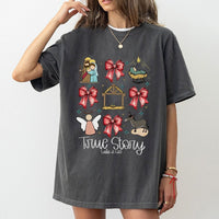 True Story Luke 2 1-20 Nativity Shirt, Nativity Scene Christmas T-Shirt, Christian Holiday Coquette Bow Tee, Religious Nativity Graphic Tee